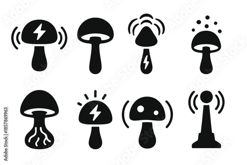 Field-Reactive Mushroom Icons. Solid style icons of field-reactive mushrooms: polarized cap fungus, magnetic pulse mushroom,