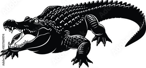 Crocodile silhouette illustration, alligator with open jaws showing teeth, black wild reptile animal outline, cad drawing flat vector illustration