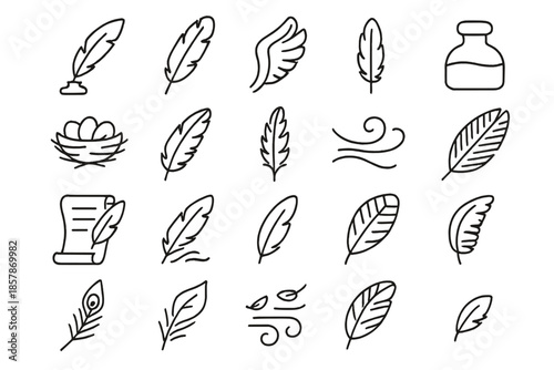 Feathers and Flight Icons. Line style icons of feathers and flight: quill, bird feather, wing, ink bottle, nest, eagle feather,