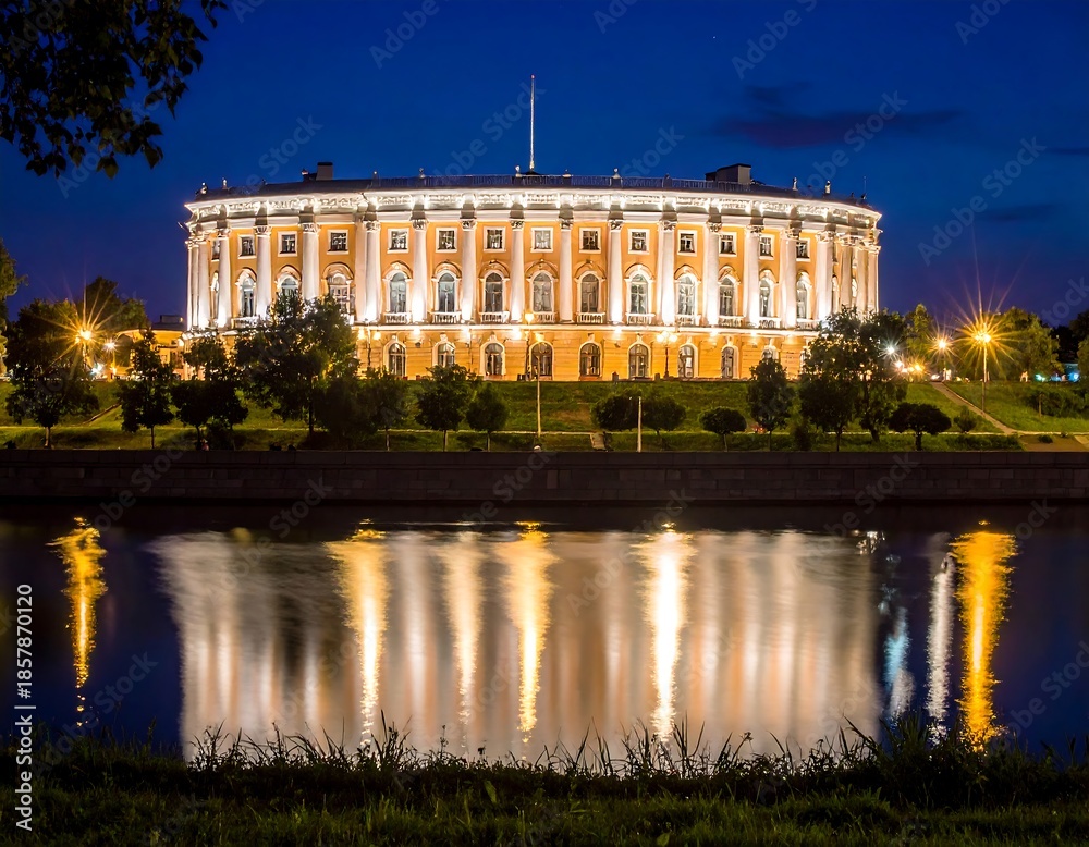 Fototapeta premium Large, illuminated classical building reflected in tranquil, dark water