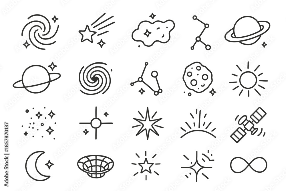 Obraz premium Galactic Line Icons. Line style icons of galaxies and stars: spiral galaxy, shooting star, comet, nebula cloud, planet ring, black