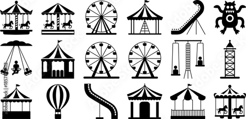 Black amusement park icon set featuring carousel, ferris wheel, roller coaster, and carnival attractions isolated on a white background for design. (22 words)