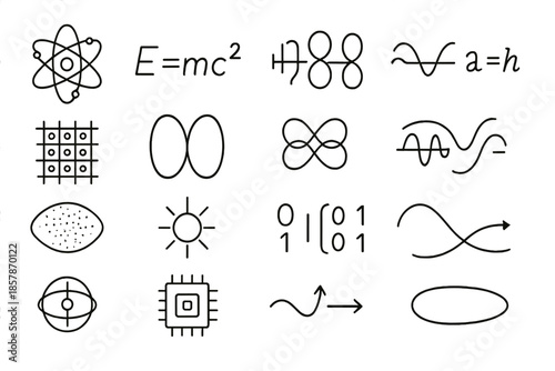 Quantum Physics Icons. Line style icons of quantum physics: atom, formula, Planck constant, wave equation, particle field,