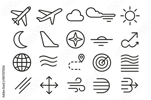 Sky Travel Icons. Line style icons of sky travel: jet, airplane, cloud, vapor trail, sun, moon, wing, compass, altitude line,