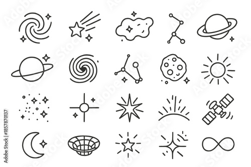 Galactic Line Icons. Line style icons of galaxies and stars: spiral galaxy, shooting star, comet, nebula cloud, planet ring, black