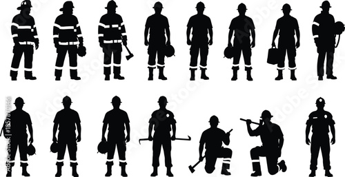 Firefighter silhouette collection, emergency rescue personnel with axes and gear outlines set, first responder, cad drawing flat vector illustration