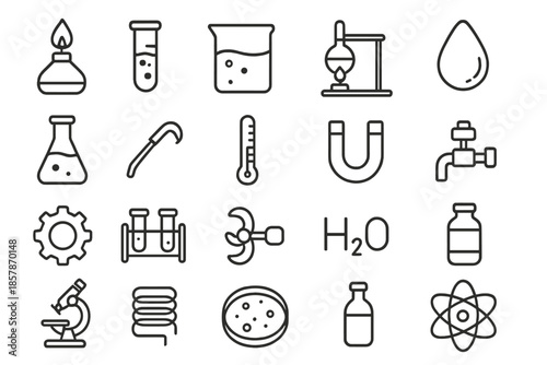 Laboratory Icon Set. Line style icons of laboratory elements: burner, test tube, beaker, retort stand, flask, pipe, thermometer,