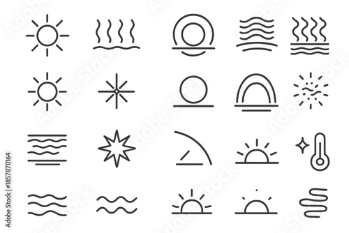 Sunlight and Heat Icons. Line style icons of sunlight and heat: sunbeam, ray wave, reflection line, light halo, heat shimmer,