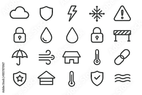 Weather Safety Icons. Line style icons of weather and safety: cloud, shield, lightning, wind, lock, droplet, snowflake, warning