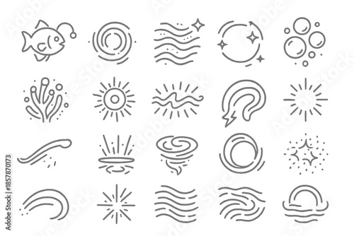 Underwater Energy Icons. Line style icons of underwater energy: glowing fish, light ripple, wave current, sparkle ring, bubble,