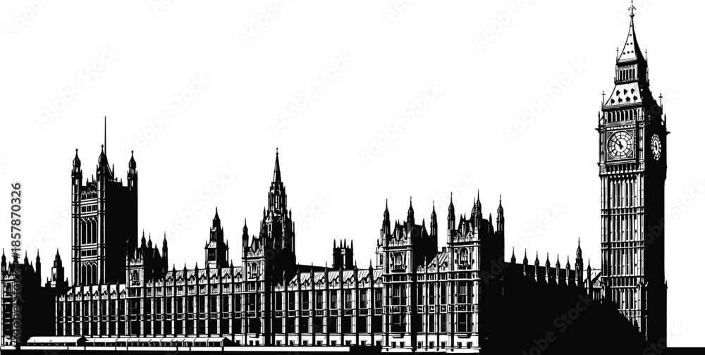 Fototapeta premium London city skyline silhouette, panoramic Westminster palace with Big Ben clock tower, black and white cityscape, cad drawing flat vector illustration