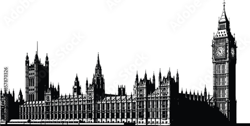 London city skyline silhouette, panoramic Westminster palace with Big Ben clock tower, black and white cityscape, cad drawing flat vector illustration