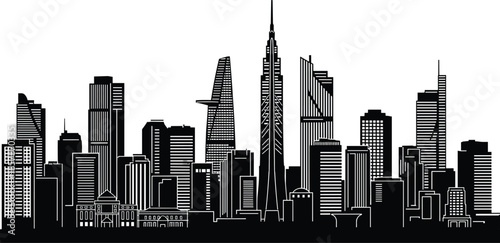 Modern metropolitan city skyline silhouette, panoramic urban landscape with skyscrapers and glass towers, black and white architecture, cad drawing vector