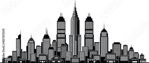 Metropolitan skyscraper skyline silhouette, panoramic urban city buildings with modern towers, black and white cityscape, cad drawing flat vector illustration