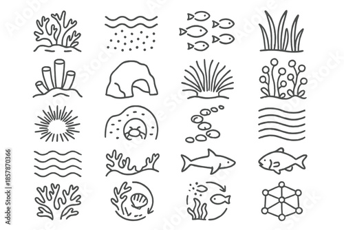 Reef Ecosystem Icons. Line style icons of reef ecosystems: coral structure, sand base, fish school, seagrass, sponges, rock