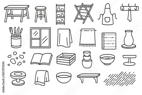 Artisan Studio Icons. Line style icons of artisan studio: wooden table, stool, pottery shelf, drying rack, wall hooks, tool jar,