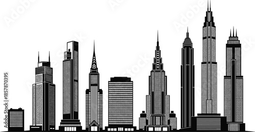 Modern metropolitan skyscraper skyline silhouette, urban city buildings with high rise office towers, black and white cityscape architecture, cad drawing flat vector illustration