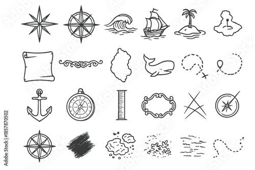 Maritime Map Icons. Line style icons of maritime maps: compass star, wind rose, ocean wave, sailing ship, island mark, map scroll,