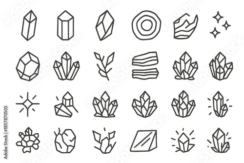 Crystal Line Art Icons. Line style icons of crystal formations: quartz prism, hexagonal pillar, gem shard, geode slice, ice