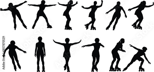 Roller skater silhouette collection, women skating and inline blading in various athletic poses, sports activity outlines set, cad drawing flat vector illustration