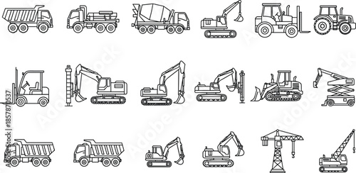 Set of construction vehicle line icons including excavator truck crane and tractor isolated on white background for industrial vector illustration.