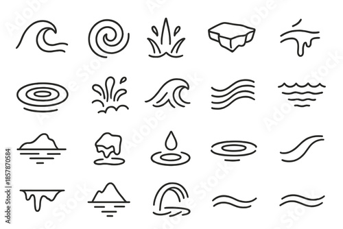Ocean and Ice Icons. Line style icons of ocean and ice motion: wave crest, current swirl, splash line, floating ice, melting drip,