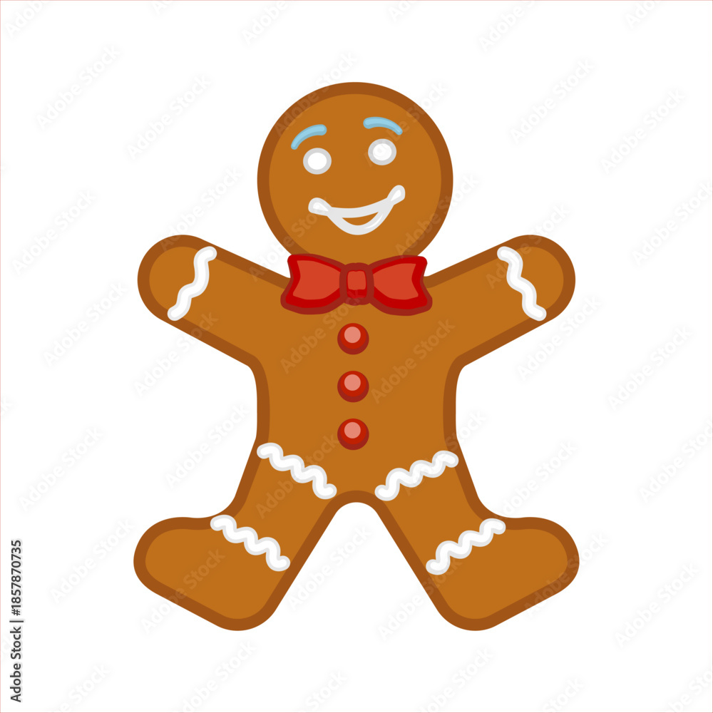 Obraz premium A gingerbread man. The image is cheerful and festive, Happy gingerbread man with a bow tie and a smile on his face. Cookie christmas holiday icon representing the holiday season