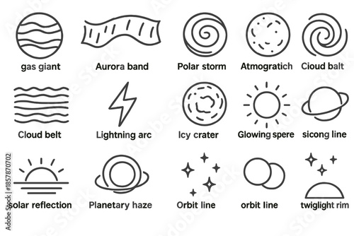 Astronomical Line Icons. Line style icons of Astronomical Wonders: gas giant, aurora band, polar storm, atmospheric swirl, cloud