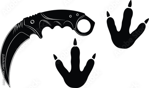 Tactical karambit knife silhouette and bird of prey raptor footprints set, curved blade weapon and animal tracks, flat vector