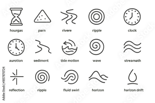 Time and Flow Icons. Line style icons of Time and Flow: hourglass, sand grain, river current, water ripple, flowing wave, clock