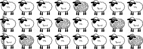 Hand drawn vector illustration of a set of white sheep with different wool textures isolated on a white background for farm design. (22 words)