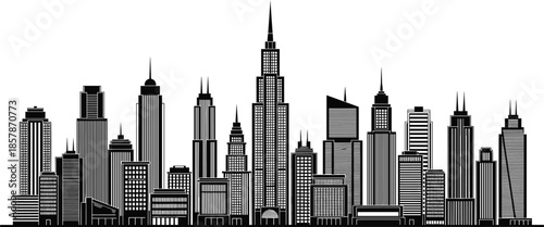 Urban city skyline silhouette featuring a tall central spire and modern office buildings isolated on white background flat vector illustration.