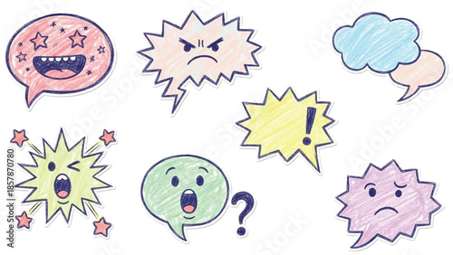Hand Drawn Crayon Emoji Speech Bubbles with Emotional Expressions for Kids Education and Mental Health Communication