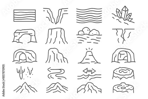 Geological Formation Icons. Line style icons of Geological Formations: rock layer, canyon ridge, sediment bed, crystal vein, stone