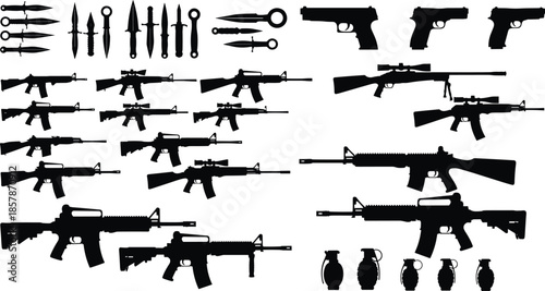 Weapon and tactical gear silhouette collection, assault rifles handguns knives and grenades set, military and law enforcement equipment, flat vector