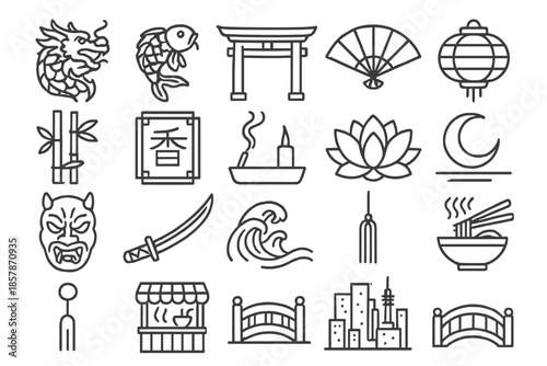 Eastern Neon Icon Set. Line style icons of Eastern Neon Culture: dragon lantern, koi fish, temple gate, neon fan, paper lantern,
