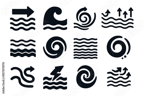 Marine Flow Icons. Solid style icons of Insect entrapment in resin: beetle inside amber, insect shadow, sticky flow, slow drip,