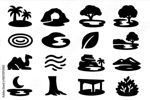 Hidden Oasis Icons. Solid style icons of Hidden oasis: palm cluster, small lagoon, rock arch, shady pool, water ripple, sand bank,