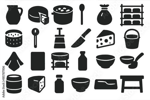 Cheese Making Icons. Solid style icons of Cheese Making: milk jug, cheese wheel, curd pot, stirring spoon, draining cloth, aging