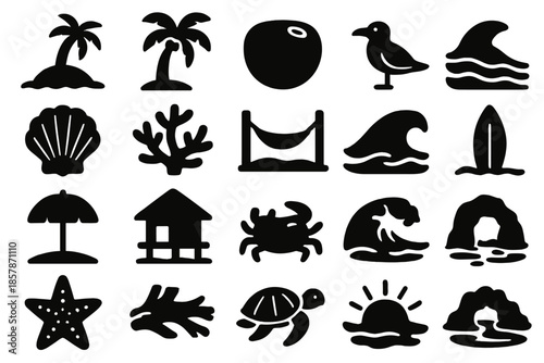 Tropical Island Icons. Solid style icons of Tropical Island: sandy beach, palm tree, coconut, seagull, seashell, coral, hammock,