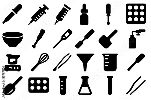 Molecular Gastronomy Tools. Solid style icons of Molecular Gastronomy Tools: pipette, syringe, digital scale, dropper bottle,