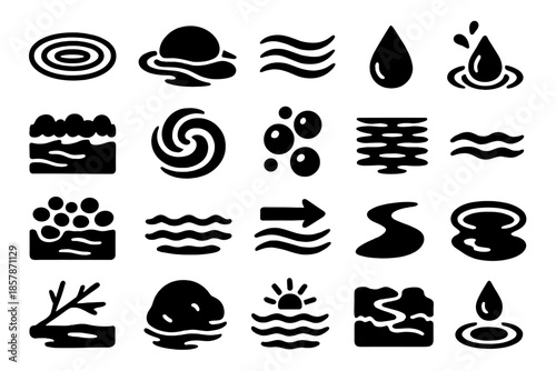 Flowing Stream Icons. Solid style icons of Flowing Stream: water ripple, stream stone, current line, splash droplet, foam edge,