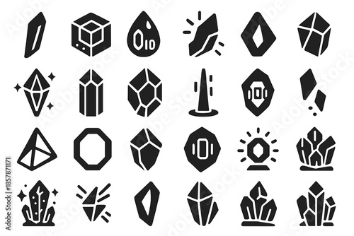 Digital Crystal Icons. olid style icons of Digital Crystals: crystal shard, prism cube, data gem, glowing fragment, faceted