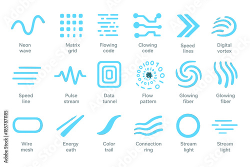 Futuristic Data Icons. Solid style icons of Futuristic Data Flow: neon wave, matrix grid, flowing code, circuit beam, holographic