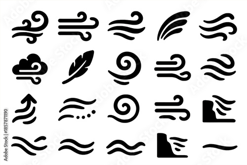 Wind and Motion Icons. Solid style icons of Wind and Motion: wind swirl, gust line, air flow, wing arc, wave motion, cloud wisp,