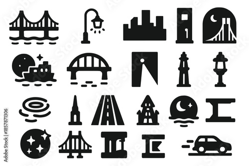 Bridge Icon Collection. Solid style icons of Bridge City Light: suspension bridge, river reflection, street lamp, skyline