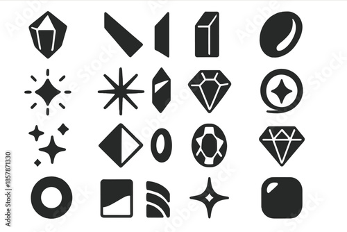 Gemstone Icon Collection. Solid style icons of Gemstone Reflection: crystal facet, light beam, prism edge, polished curve, glowing