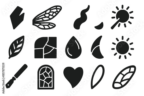 Stained Glass Dragonfly Wing. Solid style icons of Stained Glass Dragonfly Wing: glass shard, iridescent wing, lead frame,