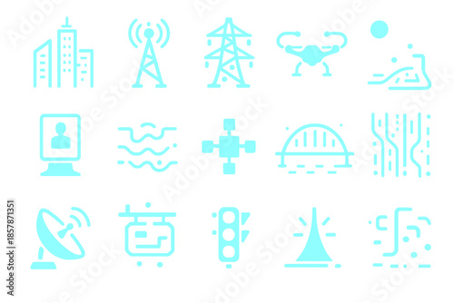 Neon City Glowscape. Solid style icons of Neon City Network: skyscraper glow, signal tower, electric grid, circuit street,