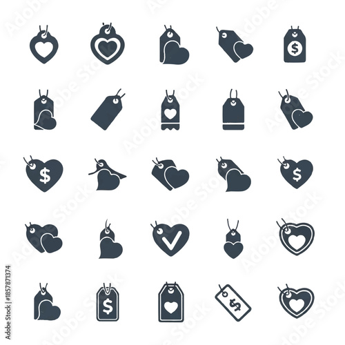 Assorted price tags with heart shapes represent retail sales and promotions for valentine's day season, creating a romantic shopping atmosphere.